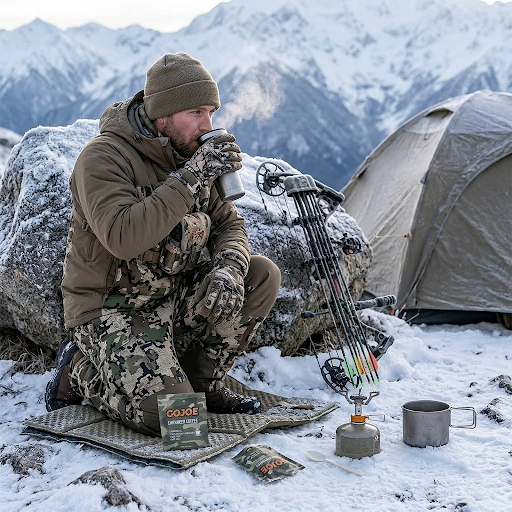 Hunter drinking GoJoe at a snow-covered mountain campsite