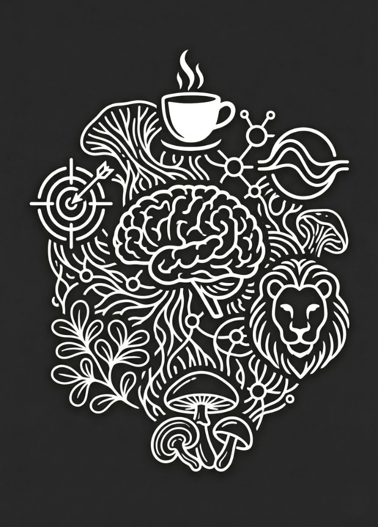 Nootropic stack illustration with brain, lion and mushrooms