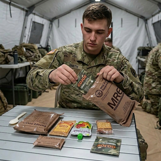Soldier opening a GoJoe sachet from an MRE pack in the field